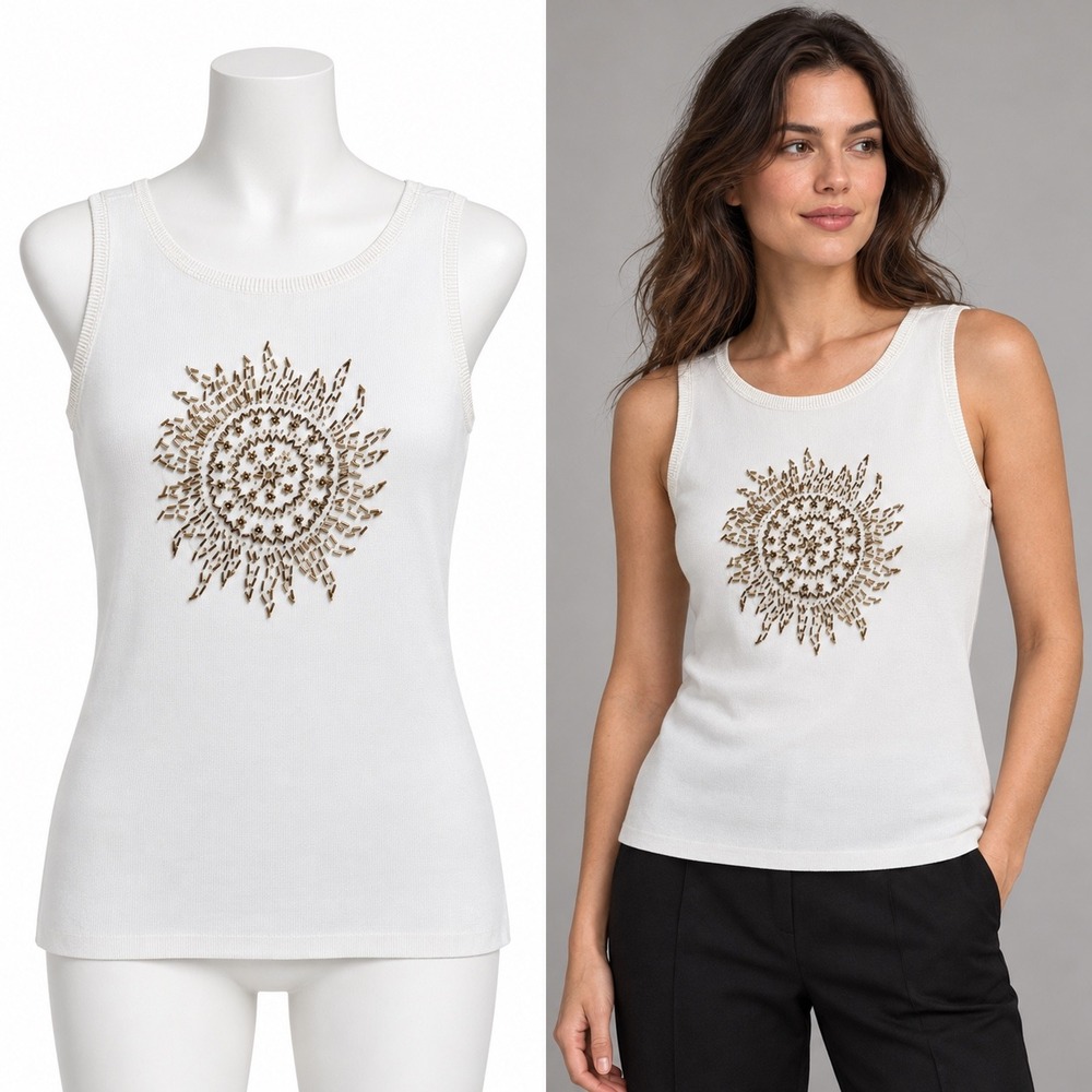 Lucia Burns Knit Tank Top Womens L White Beaded Sunburst Whimsigoth Boho Vintage